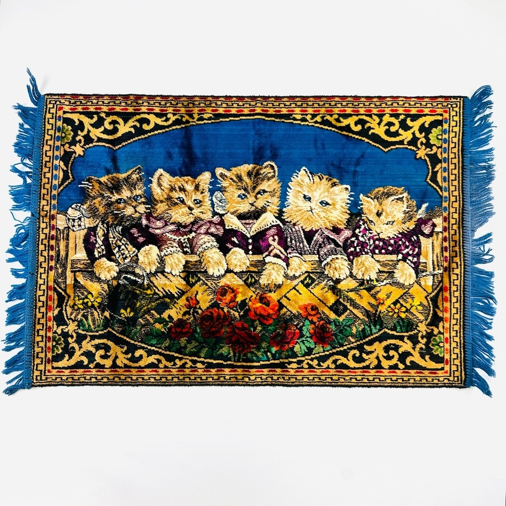 Vintage velvet chenille tapestry cats wall hanging rug Mid Century MCM